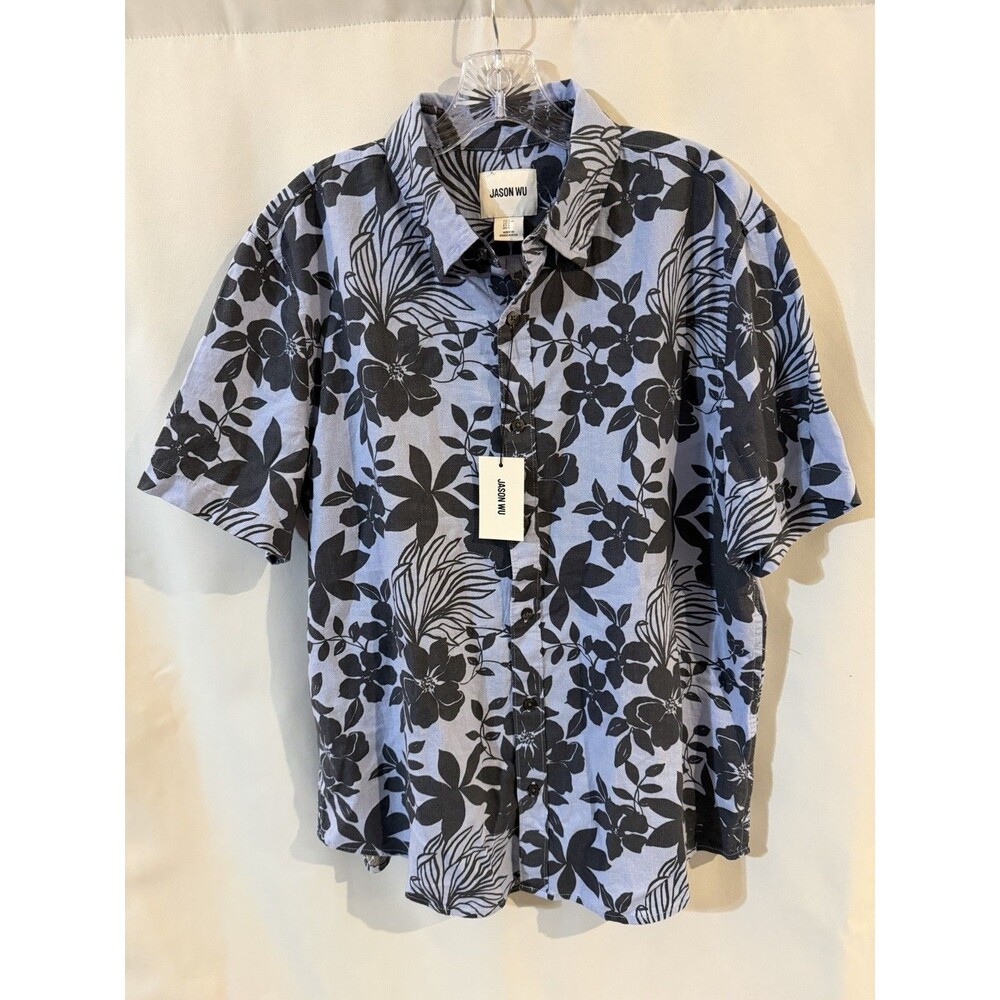 JASON WU Viscose Linen Blend Lt Blue Camp Shirt Navy Floral Size L NEW With TAGS